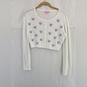 Sugar Thrillz White With Purple Embroydery Flowers L Sleeve Flower Button Up M/L